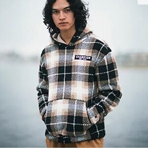 NEW Champion Men’s LARGE Hooded Fleece Pullover Black Tan Plaid blokecore